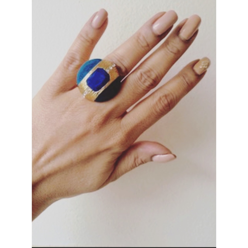 Green-Blue Gold Rhinestone Stretchy Statement Ring – One Size Fashion Jewelry
